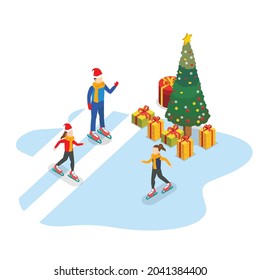 Friends ice skaing on ice 3d isometric vector illustration concept for banner, website, landing page, ads, flyer