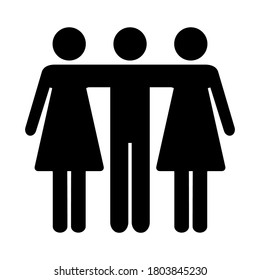 Friends icon. Two women and man embrace each other. Teamwork vector illustration isolated on white. Not traditional family.
