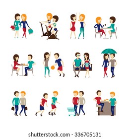 Friends icons set with sports going to a cafe and fitness together symbols  flat isolated vector illustration 