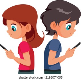 
Friends Ignoring Each Other Texting on their Phone Vector Cartoon. Kids communicating via online chat having no social meaningful interactions
