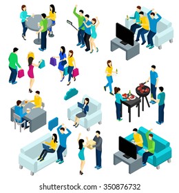 Friends isometric set with people drinking making bbq and watching tv isolated vector illustration