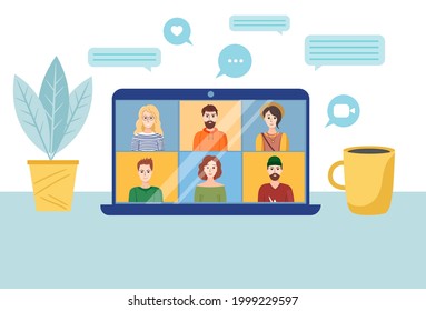 Amigos que se unen a la red. Trabajo a distancia o comunicación, entrenamiento a través de videollamadas. Charla web. Lugar de trabajo, pantalla portátil, grupo de personas hablando por internet. Concepto de videollamada. 