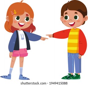 Friends joke and laugh together. Happy boy and girl enjoy funny friendly jokes together, point fingers at each other, fun, deep heartfelt laughter with positive humor. Vector cartoon illustration