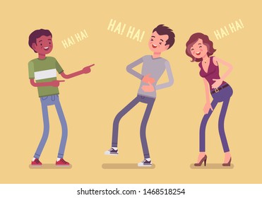 Friends joking and laughing. Happy boys and young girl enjoy together funny friendly jokes, enjoyment, amusement, deep hearty belly laugh with positive humor. Vector flat style cartoon illustration