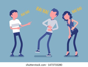 Friends joking and laughing. Happy boys and young girl enjoy together funny friendly jokes, enjoyment, amusement, deep hearty belly laugh with positive humor. Vector illustration, faceless characters