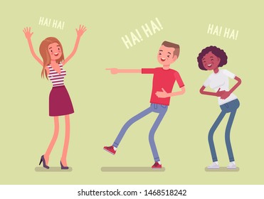 Friends joking and laughing. Happy girls and young boy enjoy together funny friendly jokes, enjoyment, amusement, deep hearty belly laugh with positive humor. Vector flat style cartoon illustration