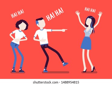 Friends joking and laughing. Happy girls and young boy enjoy together funny friendly jokes, enjoyment, amusement, deep hearty belly laugh with positive humor. Vector illustration, faceless characters