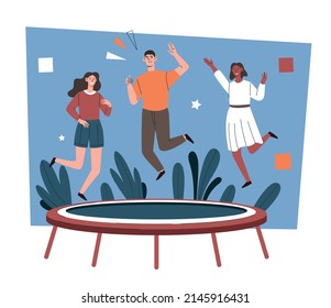 Friends Jump and Bouncing on Trampoline. Men and women have fun and spend time together. Entertainment or sports training for athletes. Recreation or acrobatics. Cartoon flat vector illustration