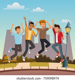 Friends jumping in the city