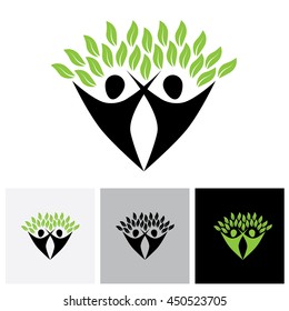 friends jumping in joy - life tree eco concept vector logo icon. This graphic also represents harmony, joy, happiness, friendship, education, peace, development, healthy growth, sustainability