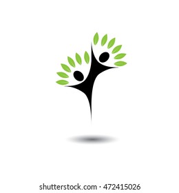 friends jumping in joy - life tree eco concept vector logo icon. This graphic also represents harmony, joy, happiness, friendship, education, peace, development, healthy growth, sustainability