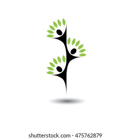 friends jumping in joy - life tree eco concept vector logo icon. This graphic also represents harmony, joy, happiness, friendship, education, peace, development, healthy growth, sustainability