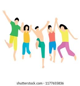 Friends jumping together. Five friends in a jump. Flat style. Vector illustration.