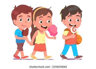 Friends kids walking, eating ice cream together. Happy girl, boy couple holding hands, child person carrying ball, holding lollipop. Friendship, childhood leisure fun flat vector illustration
