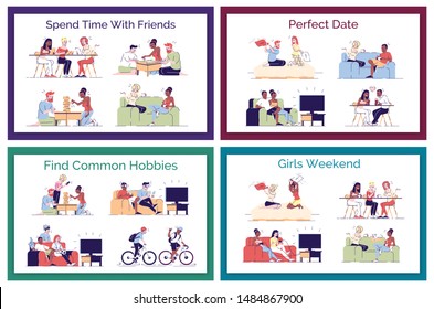 Friends leisure flat vector concept illustrations pack. Perfect date. romantic couples having fun. Boys, roommates finding common hobbies isolated cartoon design elements set on white background