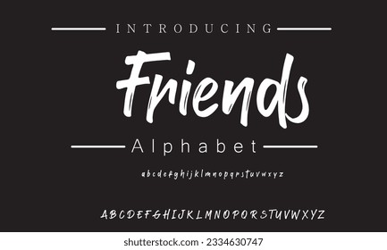 Friends Lettering font isolated on black background. Texture alphabet in street art and graffiti style. Grunge and dirty effect.  Vector brush letters.