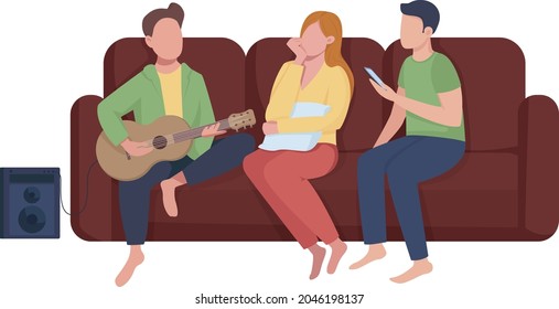 Friends listen to music semi flat color vector characters. Sitting figures. Full body people on white. Leisure isolated modern cartoon style illustration for graphic design and animation