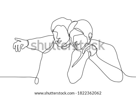 friends look in one direction, one of whom points a finger. one line drawing a man shows the path of or just indicates where to turn his attention to another man