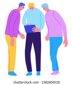 Friends looking at digital tablet on white background. Concept flat illustration with colored characters.