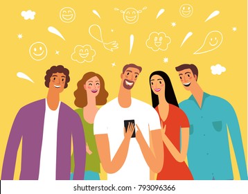 Friends Looking Video And Laughing. Cartoon Portraits. Joke And Fun Illustration. 