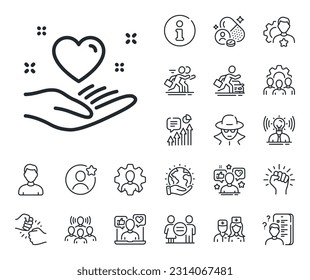 Friends love sign. Specialist, doctor and job competition outline icons. Hold heart line icon. Friendship hand symbol. Hold heart line sign. Avatar placeholder, spy headshot icon. Vector