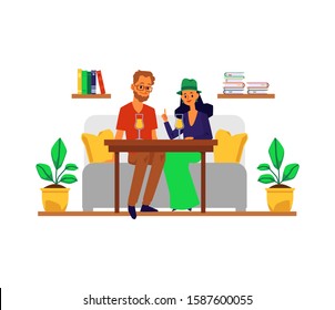 Friends or loving couple, man and woman characters sitting at table and having conversation in cafe or cafeteria, flat vector illustration isolated on white background.