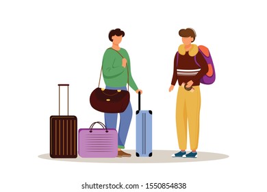 Friends with luggage flat vector illustration. Getting ready for a trip. Married couple with suitcases. Going on vacation. Voyage preparation isolated cartoon character on white background