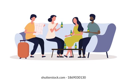 Amigos con maletas y mapas sentados y bebiendo cerveza. Concepto de forma feliz y divertida de viajar con amigos. Ilustración vectorial de caricatura plana aislada en fondo blanco