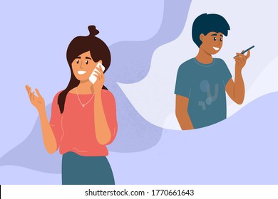 Friends Make Cell Phone Call. Young Woman Talking With Man By Smartphone. Conversation Between Girl And Guy. People Communication. Dialogue By Mobile Phone. Technology, Distance Vector Illustration