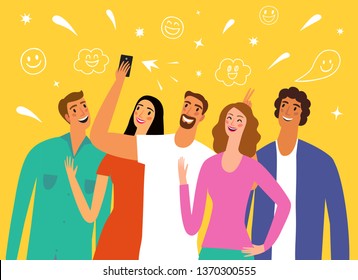 Friends making group portrait and laughing. Cartoon portraits. Selfie and fun illustration for your design. 