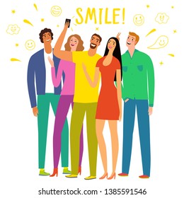 Friends making group portrait and laughing. Cartoon portraits with doodle drawings and Smile title. Selfie and fun illustration for your design. 