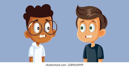 
Friends Making a Mistake Feeling Embarrassed Together Vector Cartoon. Kids doing something wrong having regret written all over the face
