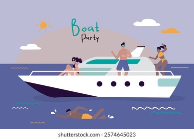 Friends making party on modern yacht ship. Private boat tour. Ocean vacation, sea travel and friendship. Good vibes. Yacht or big boat in ocean. Sea landscape, nautical. Summer time, tropical banner.