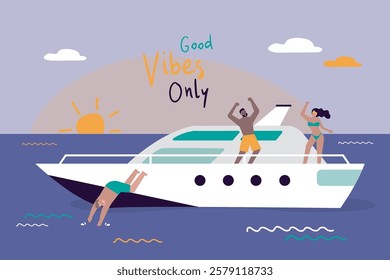 Friends making party on modern yacht ship at sunset. Ocean vacation, sea travel and friendship. Good vibes only. Yacht or big boat in the ocean. Sea landscape, nautical. Summer time, tropical banner.