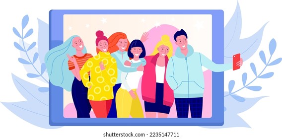 Friends making photo, selfie foto shot of group of young happy people vector illustration. Girls and boys posing taking photos.