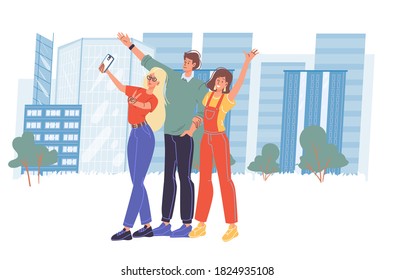 Friends making selfie taking portrait photo by smartphone camera for social network on cityscape background. Happy smiling young people character walk outdoor show victory sign, have fun together