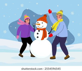 Friends are making a snowman. Winter games, winter vector illustration in flat style.