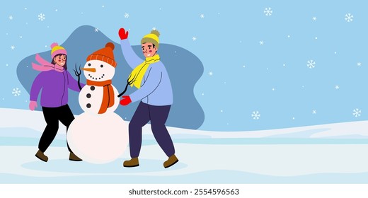 Friends are making a snowman. Winter games, winter vector illustration in flat style. Horizontal banner, winter background for design.