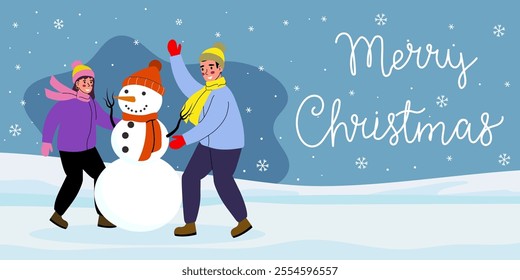 Friends are making a snowman. Winter vector illustration in flat style. Merry Christmas greetings.