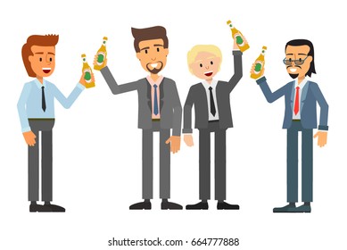 Friends of a man are standing drinking a bottle of beer. Vector illustration, flat style design. Isolated on a white background.