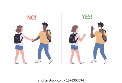 Friends in medical masks flat color vector faceless characters set. College students communication isolated cartoon illustrations on white background. Pandemic protection advice, social distance