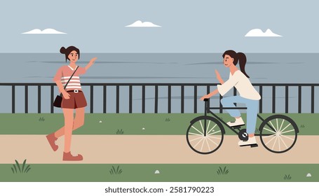 Friends meet on the street. People around the sea. Park beside sea. Girl cycling. Girl walking. Kids book cover. Spring. Summer. Sea coast road.