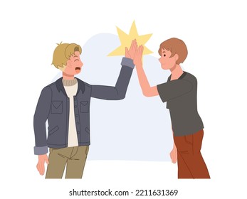 Friends meet and support each other by clapping their palms. Giving Highfive to Each Other. Cartoon People Vector Illustration