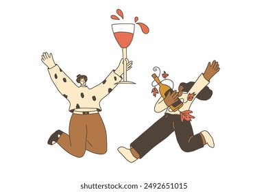 Freunde treffen sich mit Getränken. Weinprobe. Nette Charaktere mit Weinglas und Flaschen. Vektorgrafik Handzeichnung Illustration isoliert auf weißem Hintergrund.