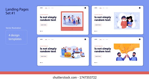 Friends meeting in cafe or bar set. People wearing mask, family party. Flat vector illustration. Communication, coronavirus lockdown concept for banner, website design or landing web page