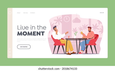 Friends Meeting in Cafe Landing Page Template. Male Characters Sitting in Modern Restaurant Chatting, Drink Beverages, Laughing during Coffee Break or Weekend Lunch. Cartoon Flat Vector Illustration