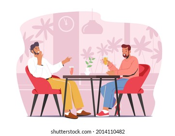 Friends Meeting in Cafe. Male Characters Sitting in Modern Restaurant Chatting, Drink Beverages, Laughing during Coffee Break or Weekend. Lunch Recreation, Sparetime. Cartoon Flat Vector Illustration