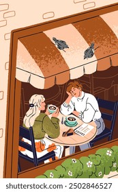 Reunión de amigos en cartel de cafetería. Las mujeres felices hablan, beben café en un café juntas. Las Personas están en una cita romántica, comunican la vista de la cafetería interior a través de la ventana. Ilustración vectorial plana.