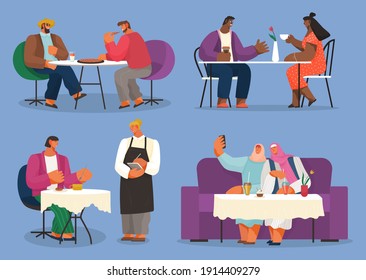 Friends meeting, collection of illustrations, different races people in cafe or restaurant, two men eating pizza, african couple with cup of coffee, waitress accept order, muslim girls take selfie