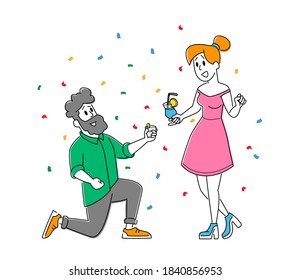 Friends Meeting, Corporate. Young Woman and Man Characters Clinking Glasses with Alcohol Drink Have Fun at Disco Party in Night Club. Nightlife Relaxation, Booze. Linear People Vector Illustration